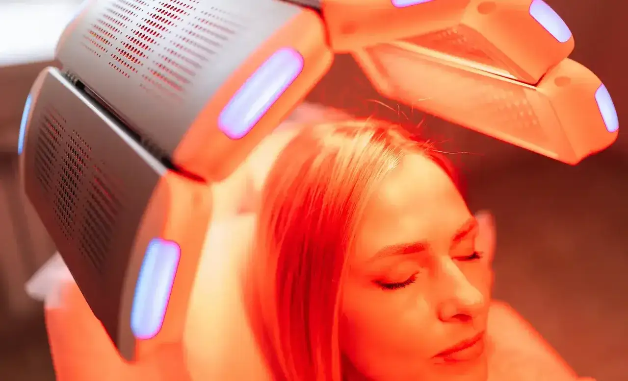 Kobieta poddaje się zabiegowi fotobiomodulacji. Urządzenie emituje czerwone światło, które ma dobroczynny wpływ na skórę.