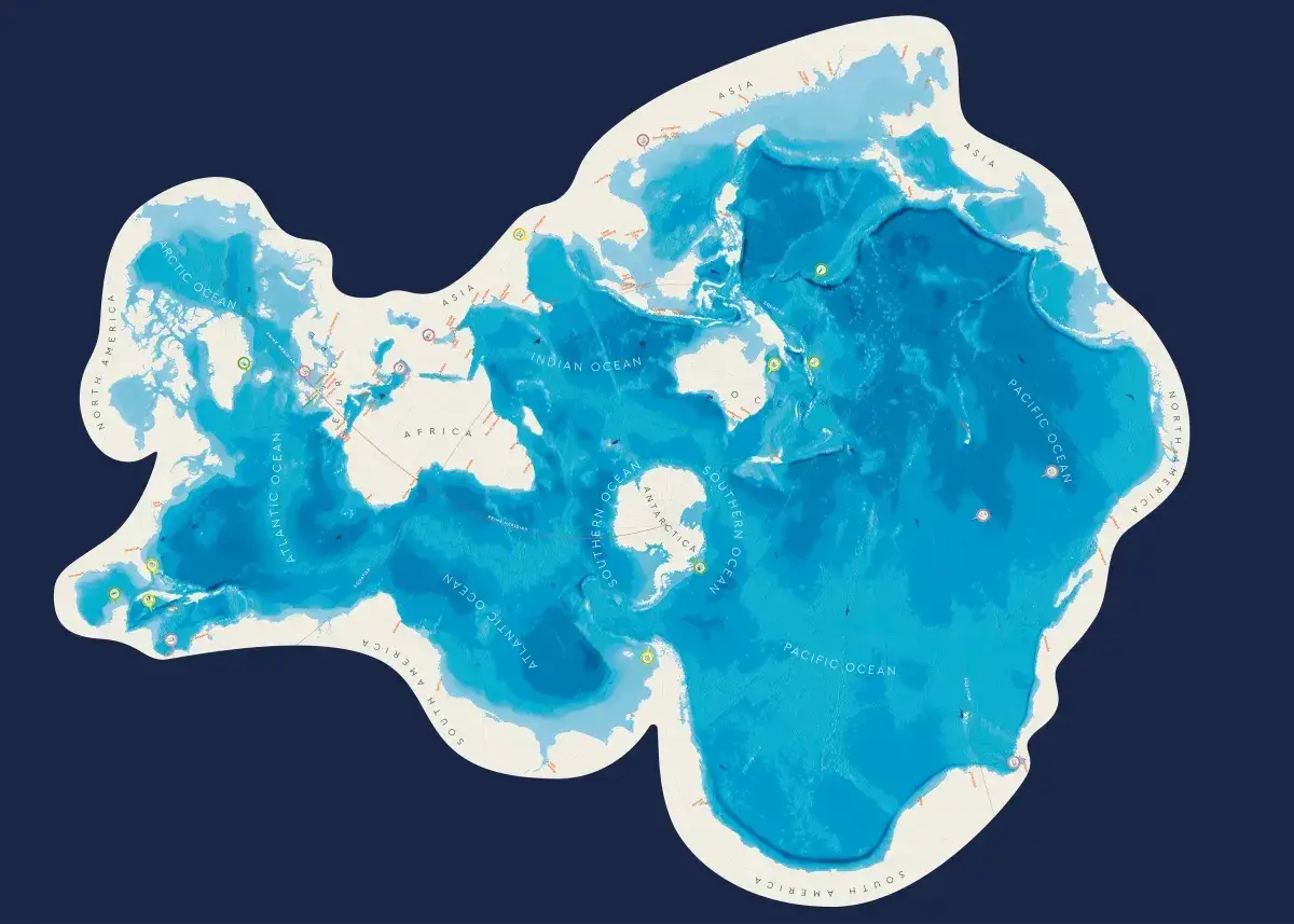 Mapa batymetryczna świata ukazująca głębiny oceanów, od Arktycznego po Południowy.