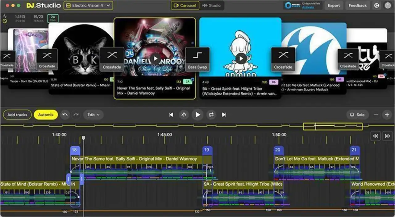 Interface d'un logiciel DAW affichant une timeline avec des pistes audio et des pochettes d'albums.