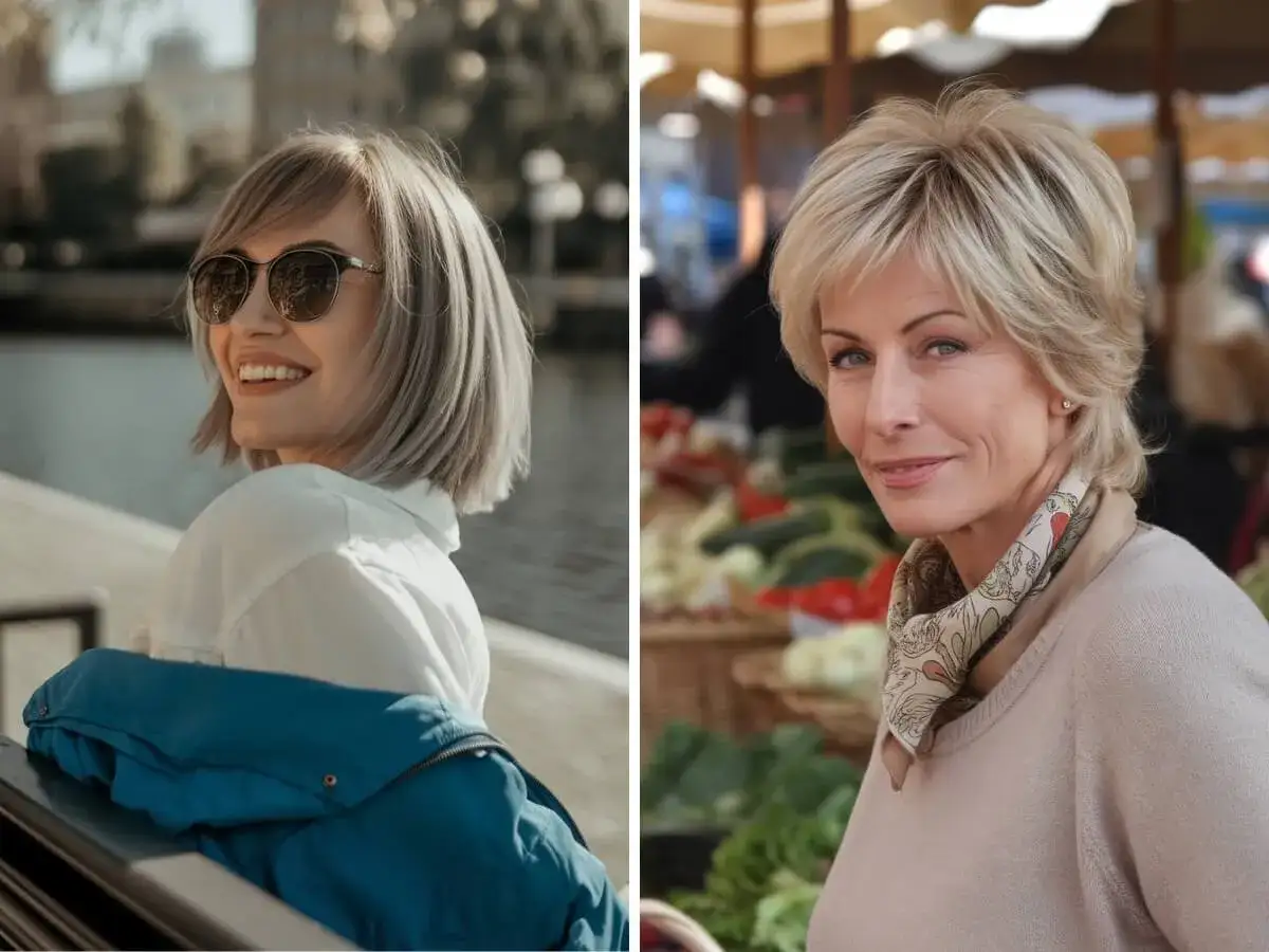 Dos mujeres con cortes de pelo modernos y favorecedores. Cortes de pelo que rejuvenecen a mujeres de 50 años, aportando frescura y estilo.