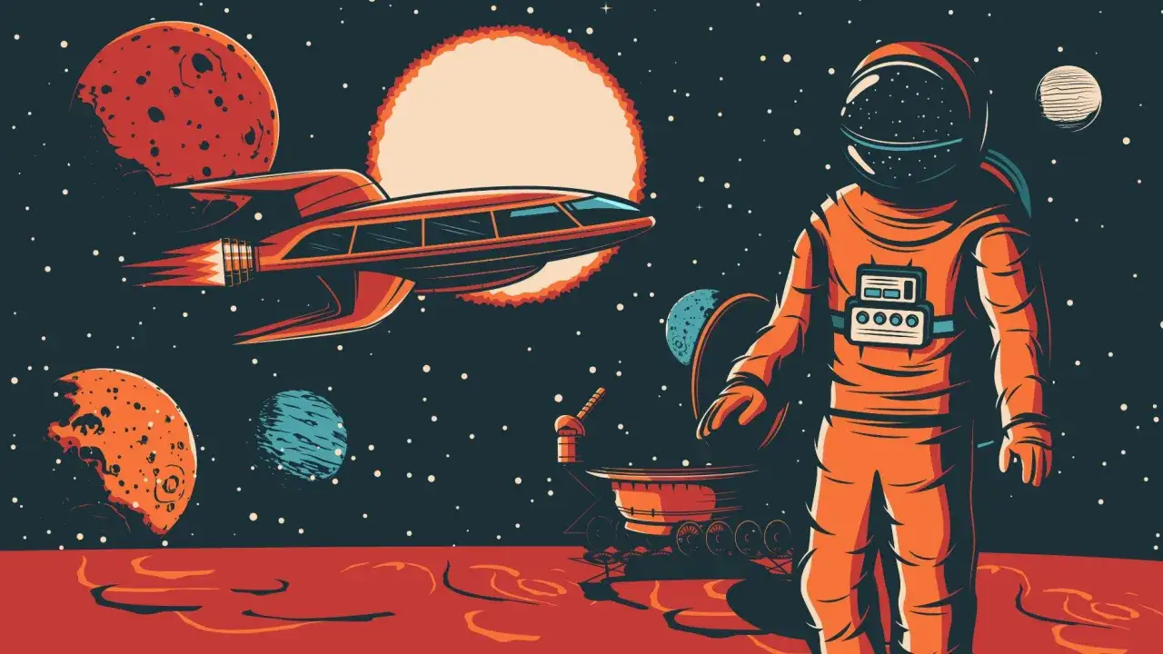 An astronaut in a retro futuristic orange suit stands on a red planet, with a spaceship and other planets in the starry sky.