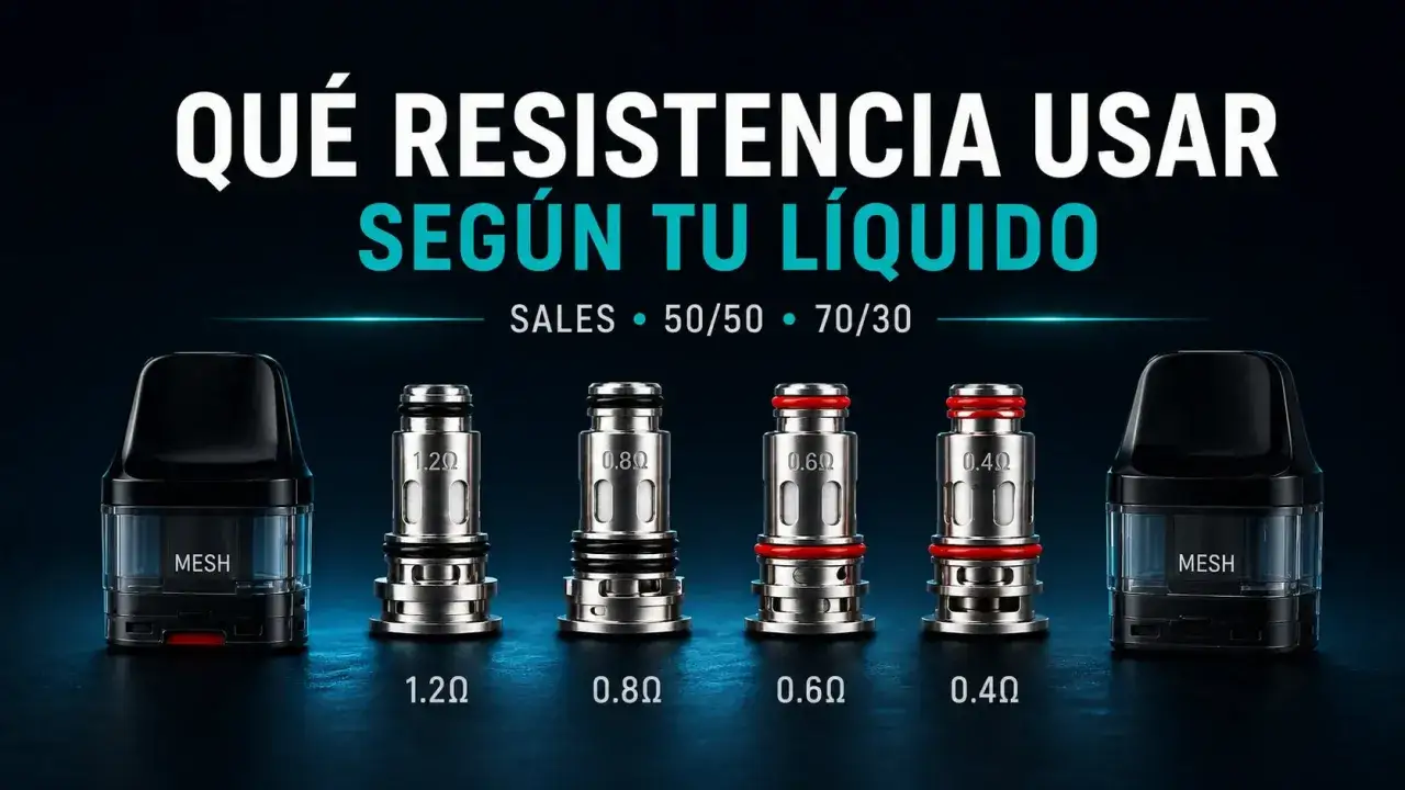 Resistencias para sales de nicotina y l&iacute;quidos 50/50 o 70/30. Variedad de ohmios: 1.2, 0.8, 0.6 y 0.4.