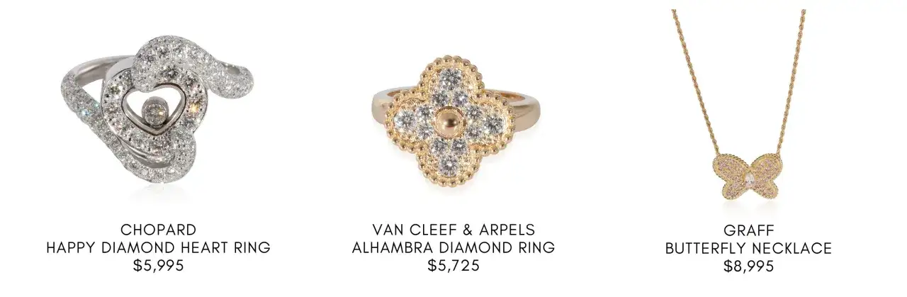 Diamentowy pierścionek Chopard, Alhambra Van Cleef & Arpels i naszyjnik Graff – znane marki biżuterii.