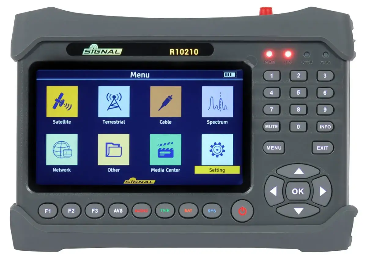 Miernik sygnału antenowego SIGNAL R10210 z menu wyboru: Satellite, Terrestrial, Cable, Spectrum. Pomocny w tym, jak zmierzyć sygnał antenowy.