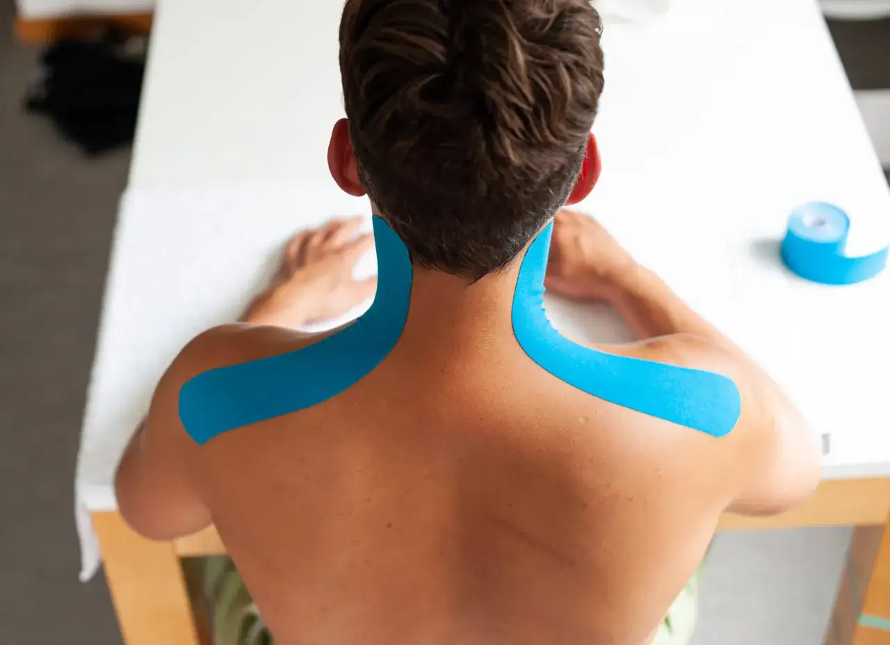 Mann mit blauem Tape am Nacken zur Linderung von Verspannungen.