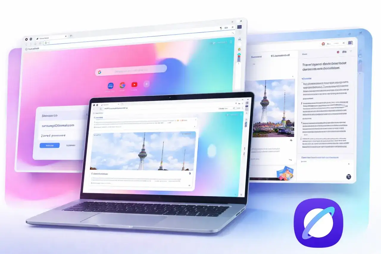Laptop z otwartym **Samsung Internet browser** na tle kolorowych ekranów. Przeglądarka wyświetla strony z tekstem i zdjęciami wież.