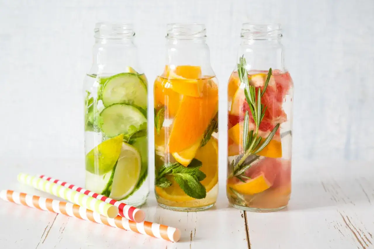 Orzeźwiająca woda z owocami: ogórek i limonka, pomarańcza z miętą, grejpfrut z rozmarynem. Kolorowe słomki obok.