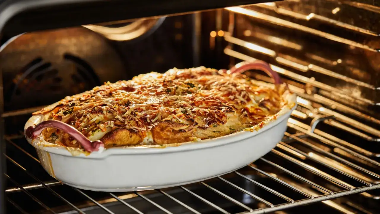 Un plat gratiné dans un plat blanc est sur le point de réchauffer un plat au four. Le fromage doré et les bords croustillants promettent un délice.