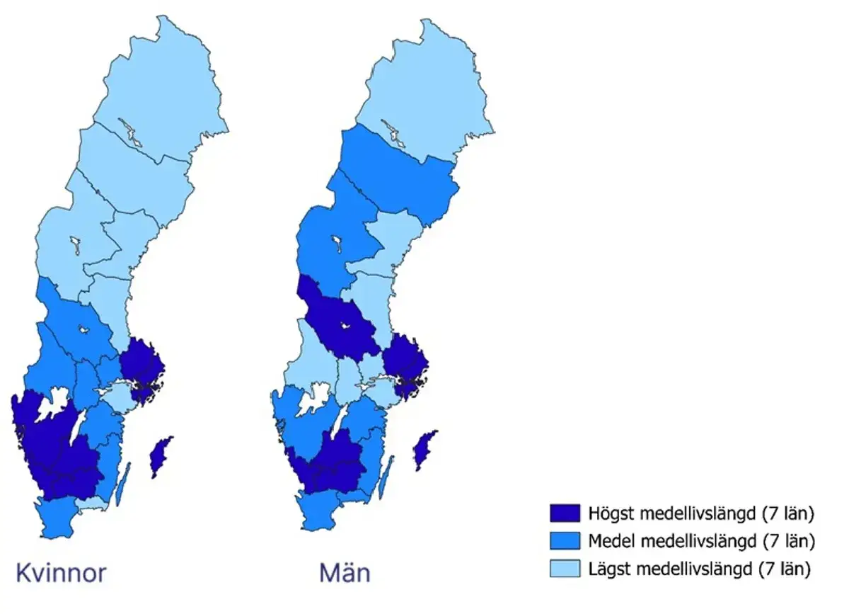 Kartor över Sverige visar medellivslängd för kvinnor och män. Blå zoner i Sverige indikerar skillnader i medellivslängd mellan län.
