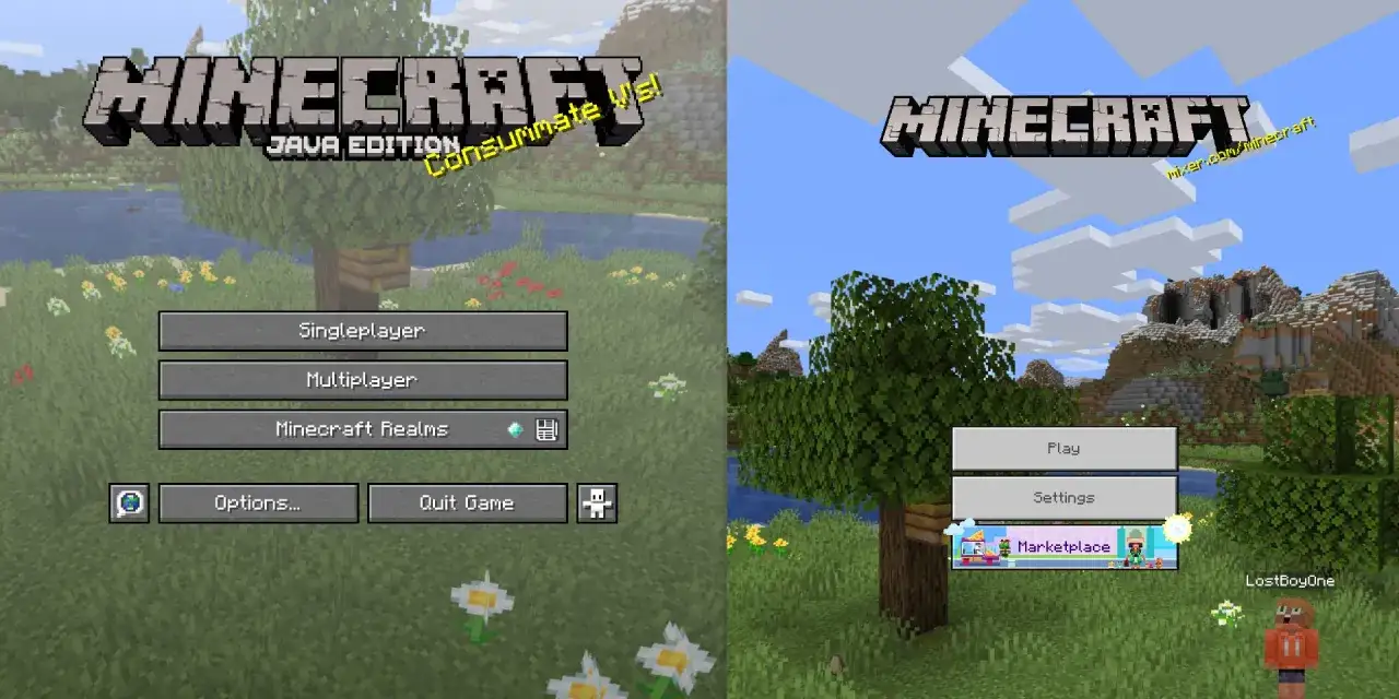 Dwa ekrany startowe gry Minecraft. Po lewej Java Edition, po prawej wersja konsolowa.