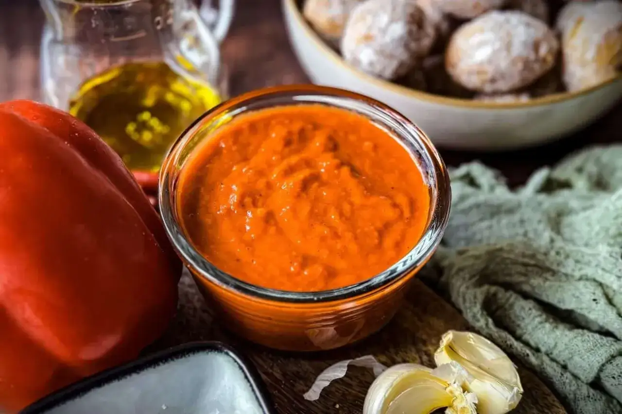 Schüssel mit leuchtend orangeroter mojo rojo sauce, dane eine rote Paprika, Knoblauch und Olivenöl. Im Hintergrund sind Salzkartoffeln zu sehen.