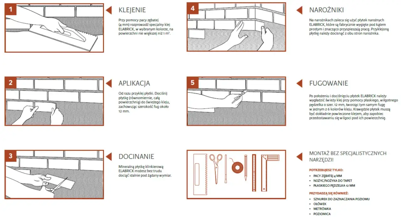 Instrukcja montażu płytek klinkierowych ELABRICK: klejenie, aplikacja, docinanie, fugowanie. Dowiedz się, czym skleić pękniętą płytkę ceramiczną.