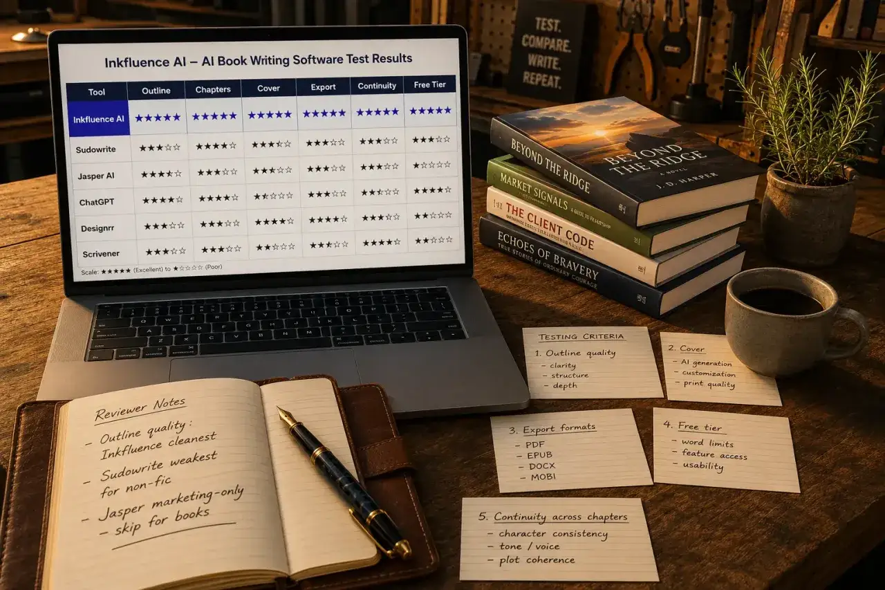Comparativa de IA para escribir libros: Inkfluence AI destaca en calidad, portadas y exportación. Notas de revisión y criterios de prueba.