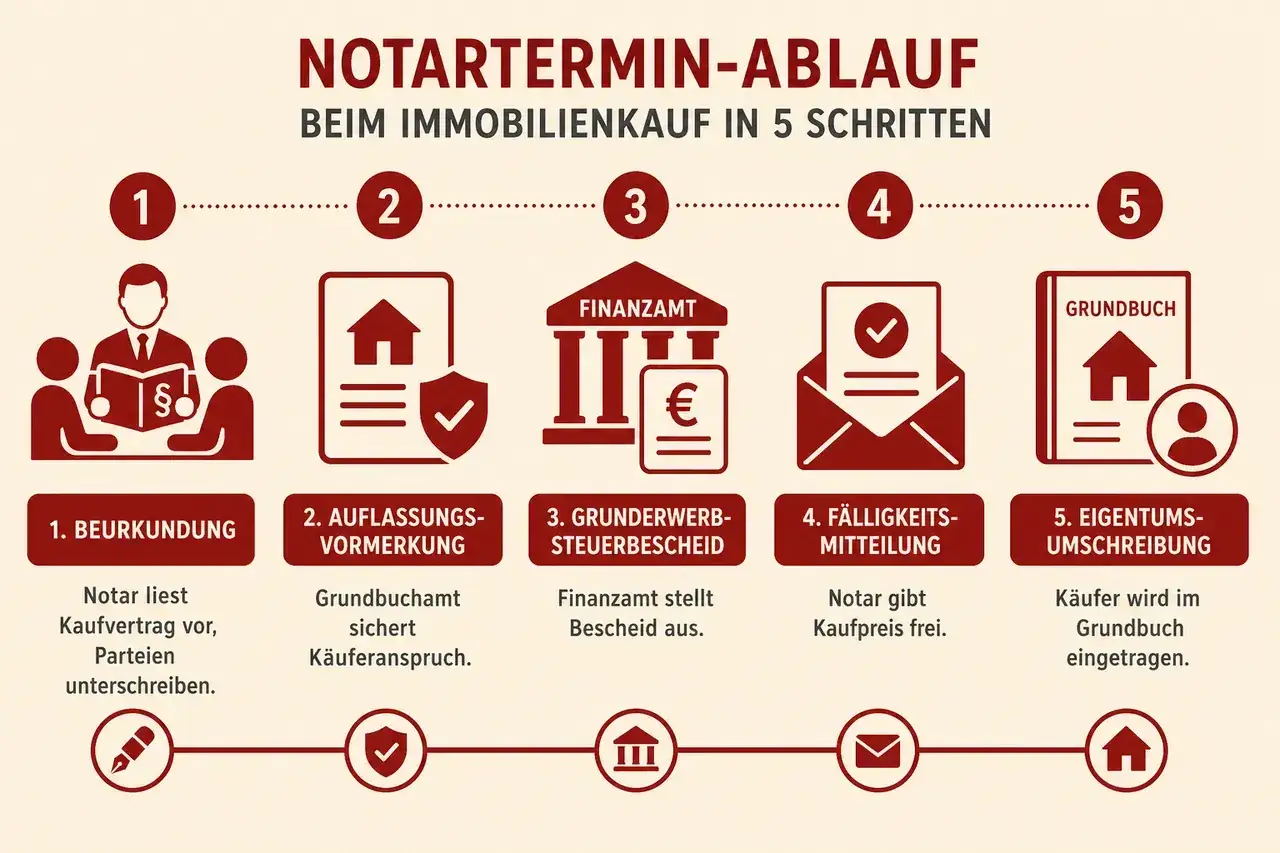 Ablauf eines Notartermins beim Immobilienkauf: Beurkundung des Kaufvertragsentwurfs, Auflassungsvormerkung, Grunderwerbsteuerbescheid, F&auml;lligkeitsmitteilung, Eigentumsumschreibung.