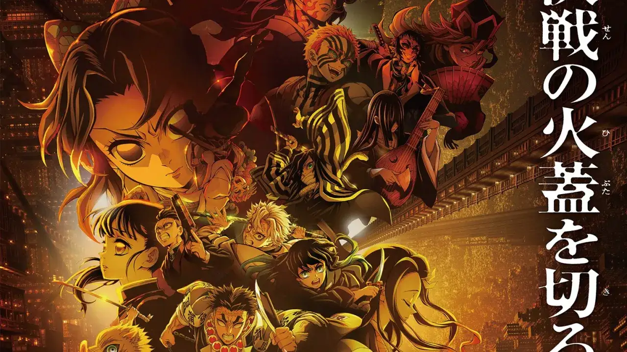 Die Helden von Demon Slayer Staffel 5 kämpfen gegen Dämonen. Die Charaktere sind in einem dramatischen Stil gezeichnet.
