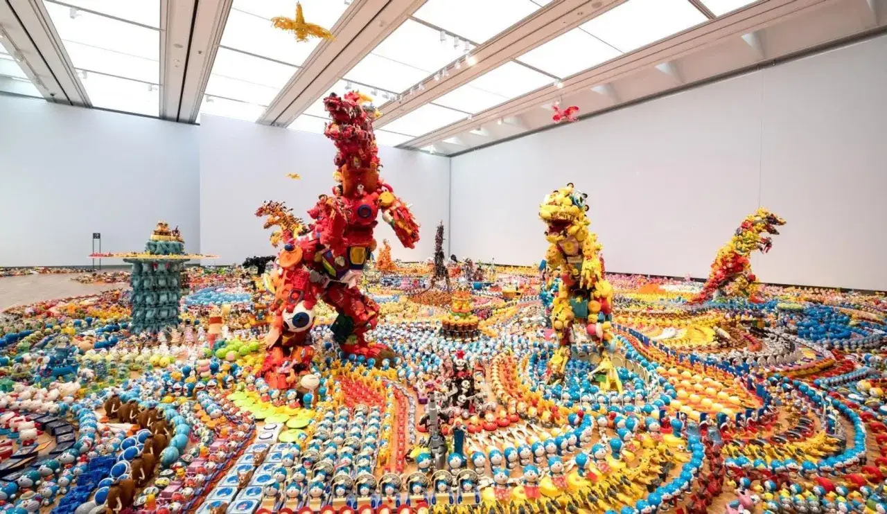 A vibrant landscape of toys, showcasing modern art trends with towering figures and a sea of characters.