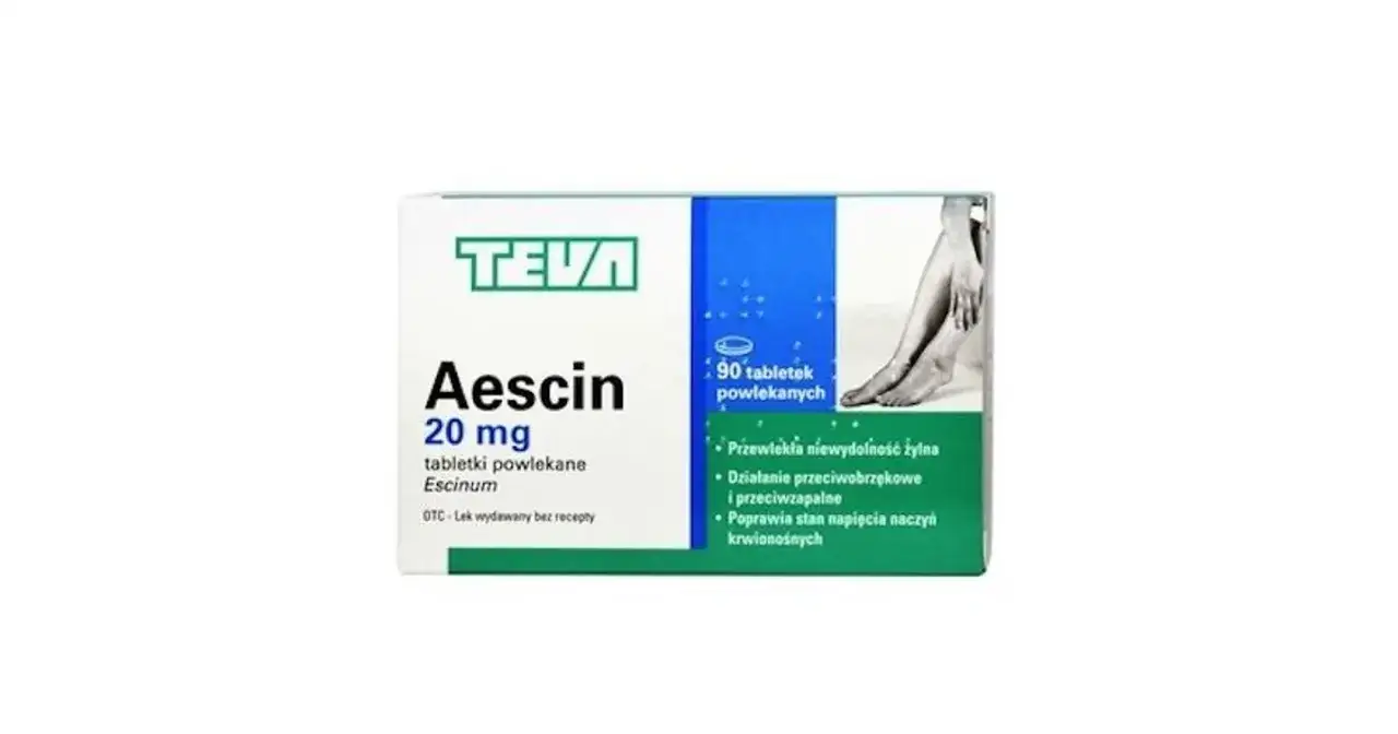 Opakowanie leku Aescin 20 mg, 90 tabletek powlekanych, na przewlekłą niewydolność żylną. Działanie przeciwobrzękowe i przeciwzapalne.