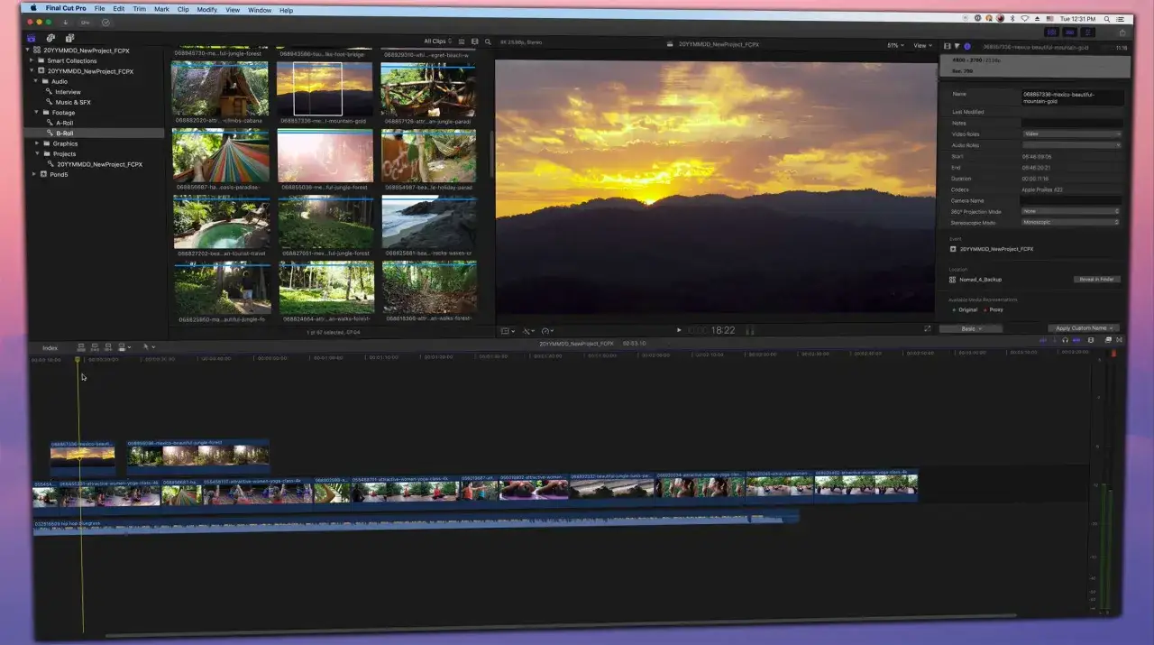 Edycja wideo w Final Cut Pro: piękny zachód słońca nad górami i klipy z dżungli.