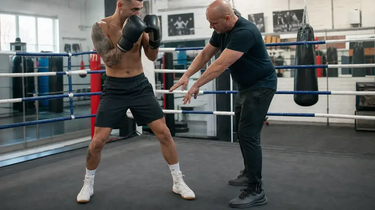 A boxing coach demonstrates the proper form for a throw hook to a fighter in a boxing ring.