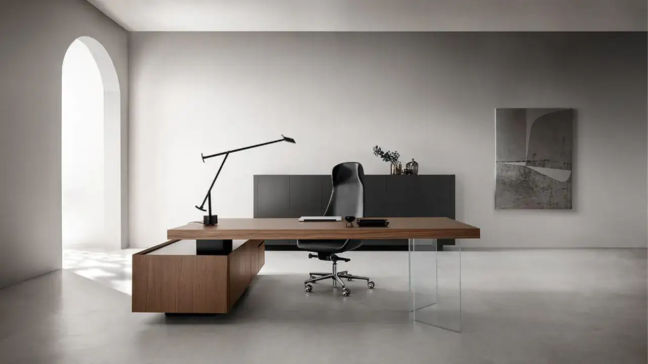 Elegante ufficio in casa: scrivania in legno con gambe in vetro, sedia ergonomica e lampada di design. Idee per un ambiente di lavoro moderno.