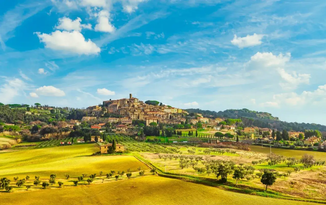 Panoramica di Casale Marittimo, un borgo collinare toscano circondato da uliveti e campi dorati sotto un cielo azzurro con nuvole bianche.