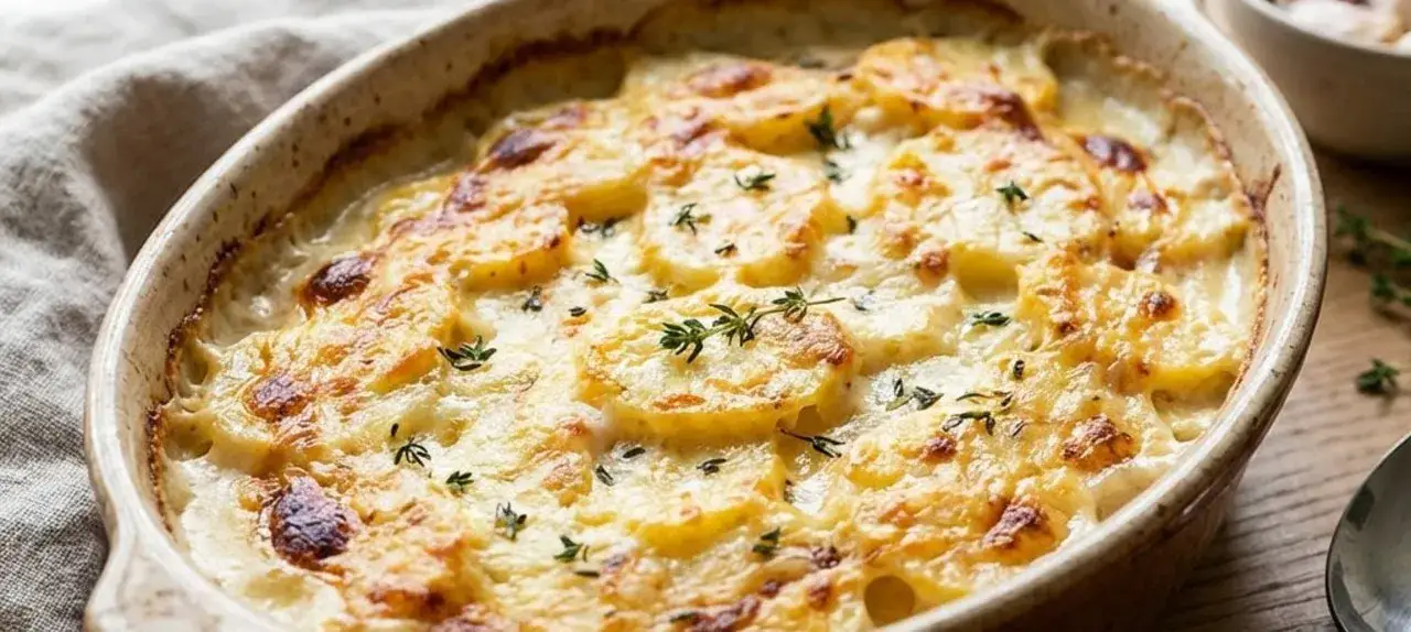 Ein goldbraun überbackenes Kartoffelgratin mit frischem Thymian, perfekt für ein gemütliches Abendessen. Dieses Kartoffelgratin Rezept ist ein Klassiker.