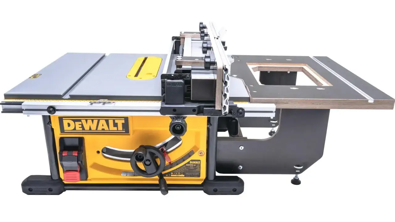 Scie de table jaune et noire de marque Dewalt, avec son guide et son extension.