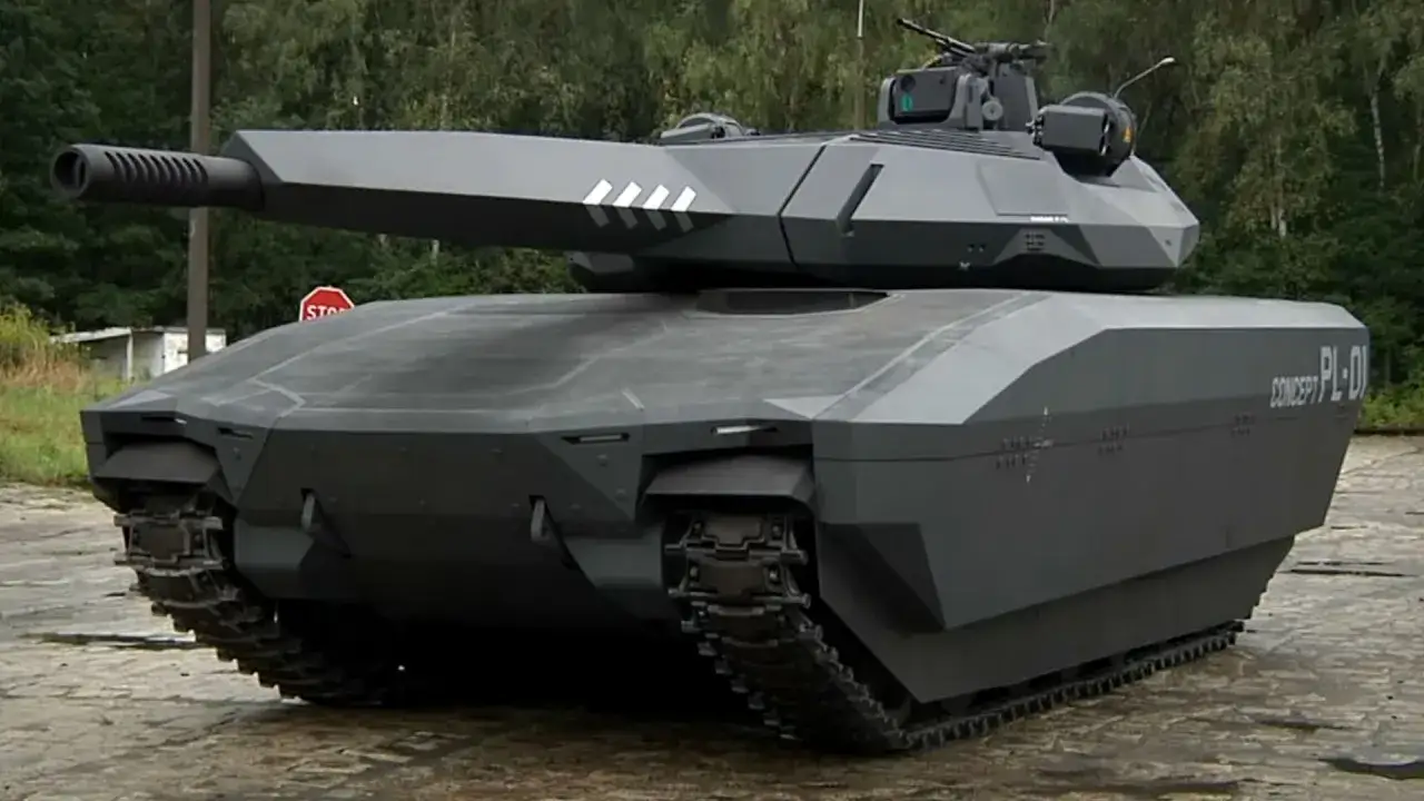 Nowoczesny czołg koncepcyjny pl-01 o futurystycznym wyglądzie, z charakterystyczną wieżyczką i gąsienicami.