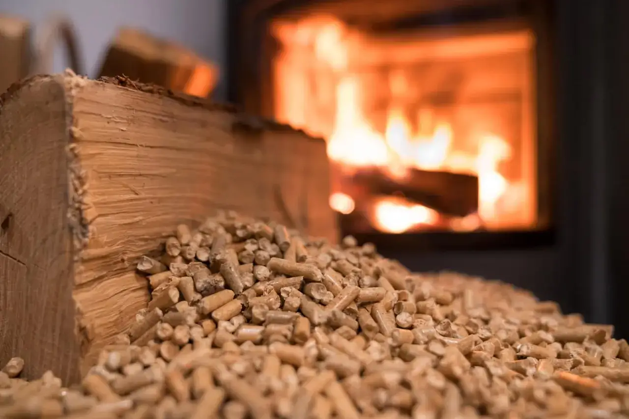 Holzscheite und Pellets vor einem brennenden Kamin. Eine nachhaltige Quelle für Biomasse Energie.