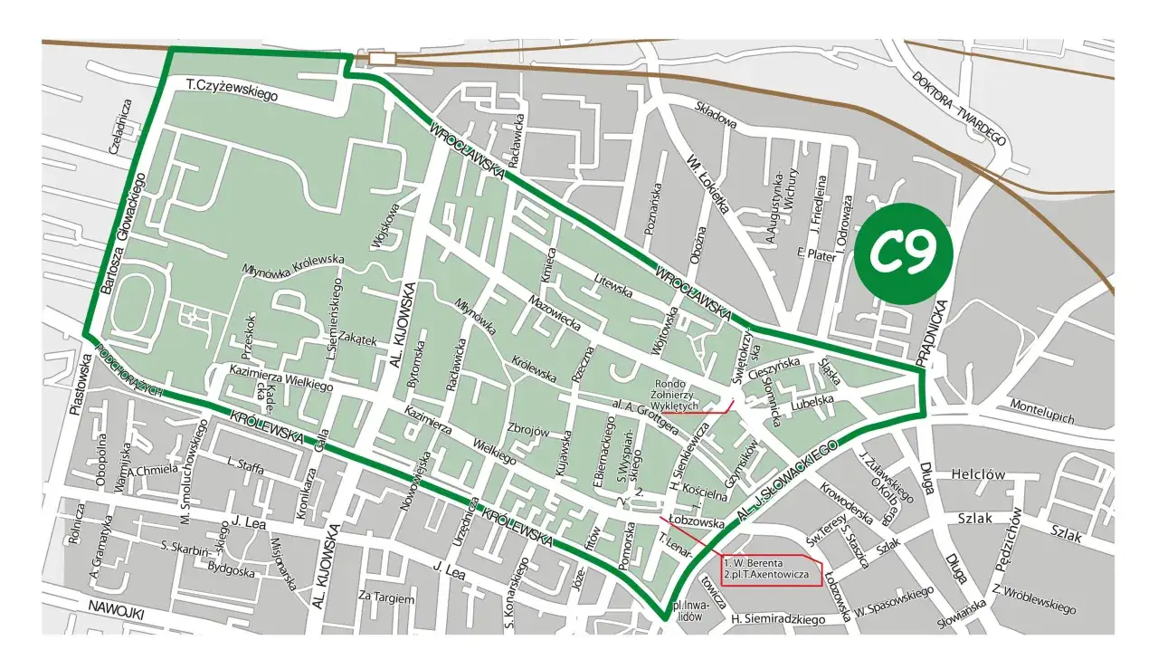 Mapa krakowskich stref parkowania, z zaznaczoną strefą C9.