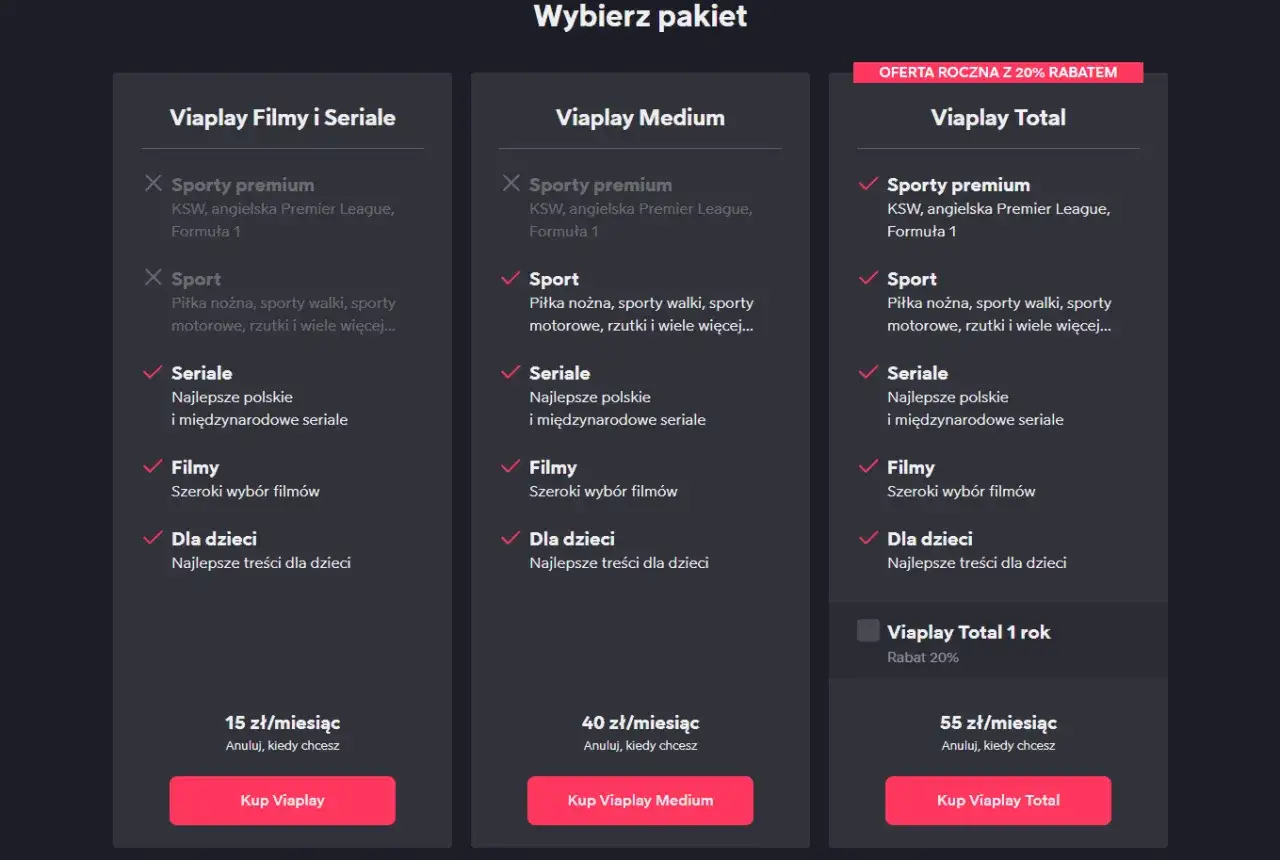 Porównanie pakietów Viaplay: Filmy i Seriale, Medium, Total. Sprawdź, która viaplay cena jest dla Ciebie najlepsza.