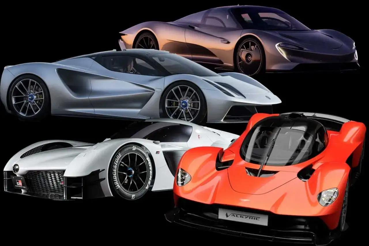 Kolekcja supersamochodów, w tym pomarańczowy Aston Martin Valkyrie, biały samochód wyścigowy i srebrny Lotus. Czy to najszybszy samochód świata?