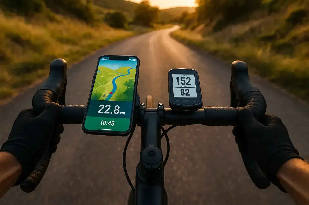 Rowerzysta sprawdza swój licznik na rowerze i mapę na telefonie podczas jazdy po malowniczej drodze.