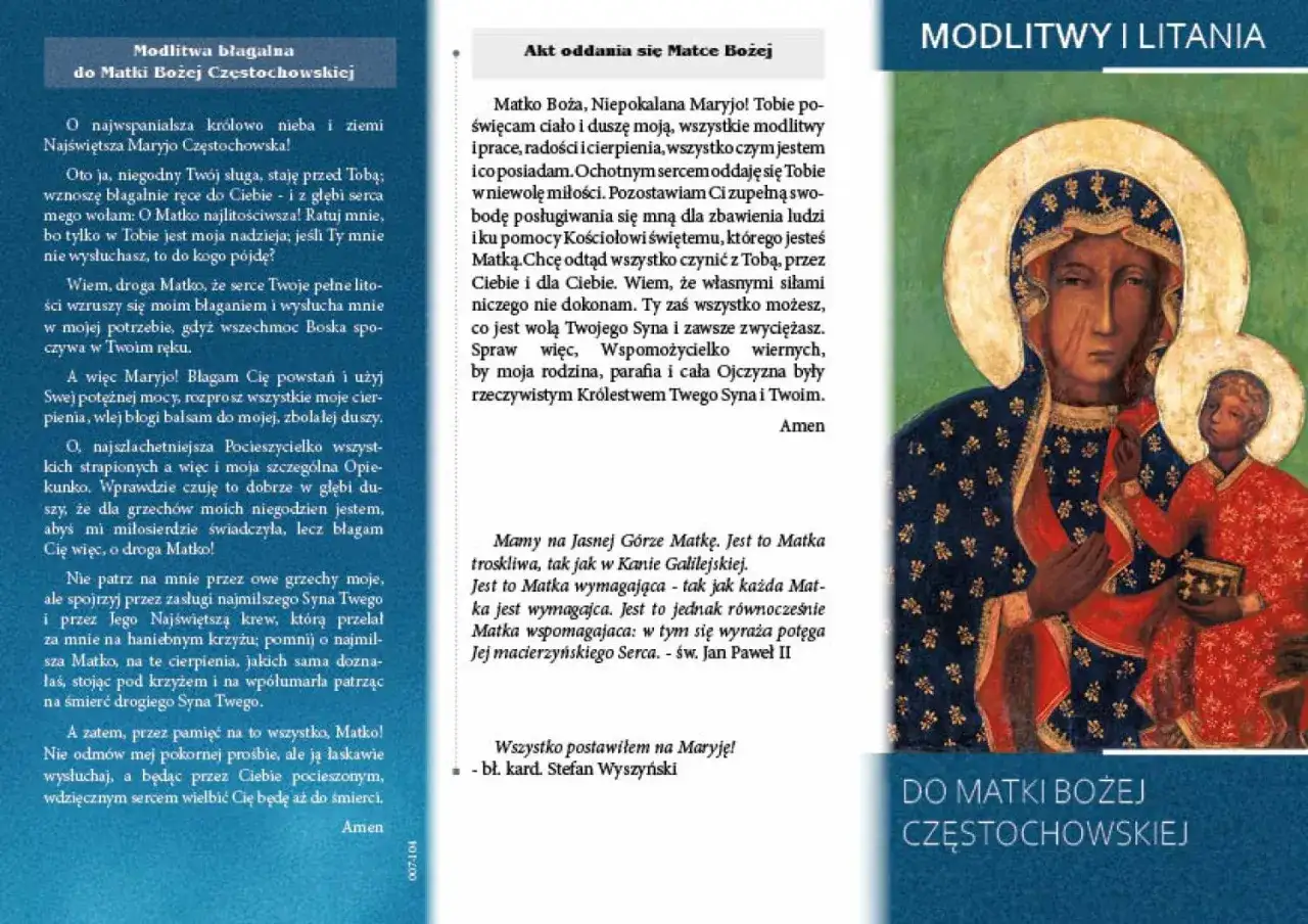 Modlitwy i wezwania do Matki Bożej Częstochowskiej. Obraz Matki Bożej z Dzieciątkiem Jezus.