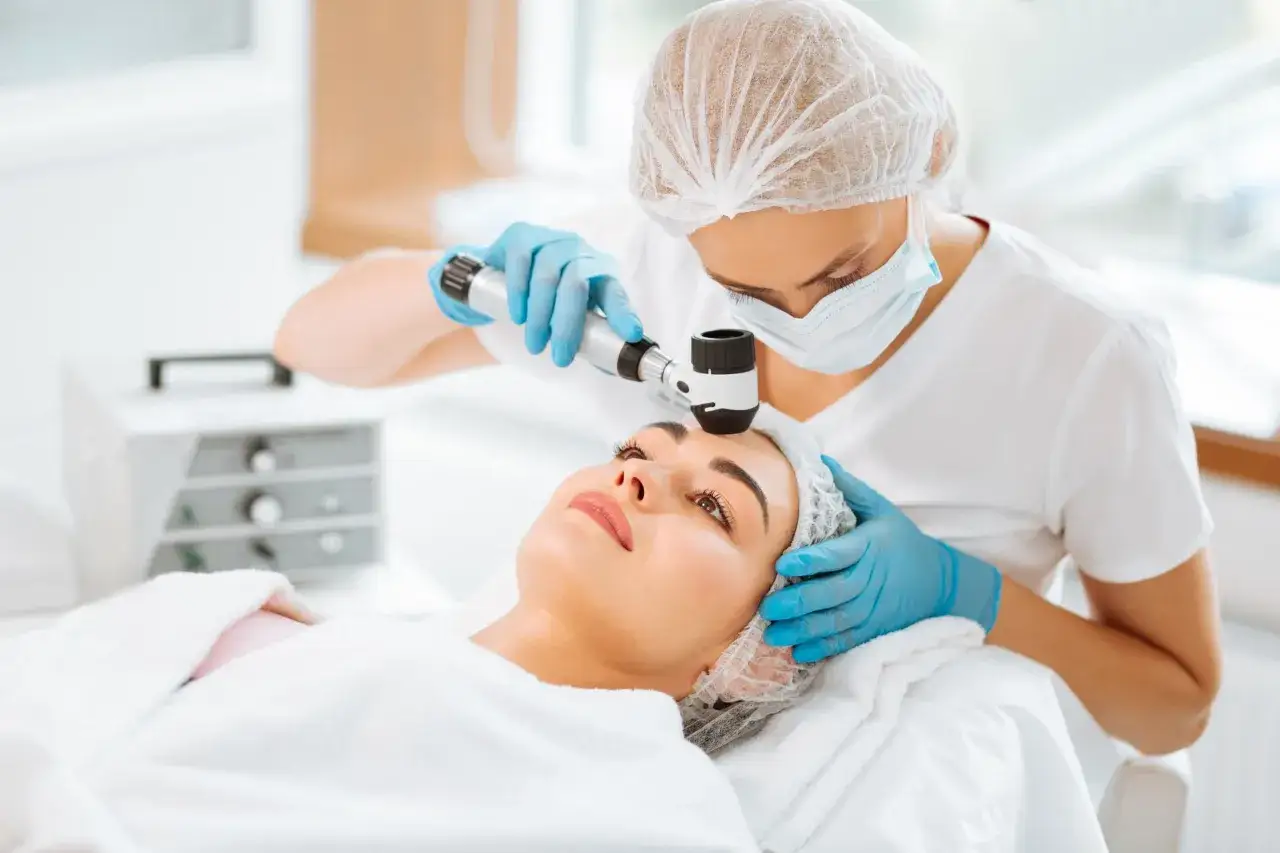 Dermatolog bada pieprzyk za pomocą dermatoskopu. Czy do poradni dermatologicznej potrzebne jest skierowanie? Sprawdź!