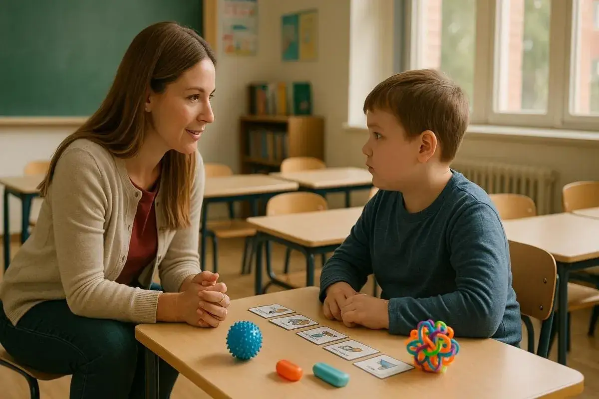 Maestra interact&uacute;a con un ni&ntilde;o en un aula, usando tarjetas y objetos para evaluar c&oacute;mo evaluar a un ni&ntilde;o con autismo en la escuela.