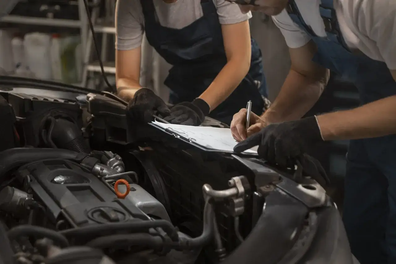 Meccanici con guanti esaminano un foglio di controllo vicino al motore. La revisione auto scaduta è una preoccupazione.