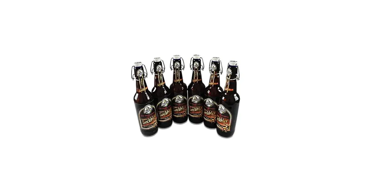 Sechs Flaschen M&ouml;nchshof Bockbier mit B&uuml;gelverschluss stehen nebeneinander.