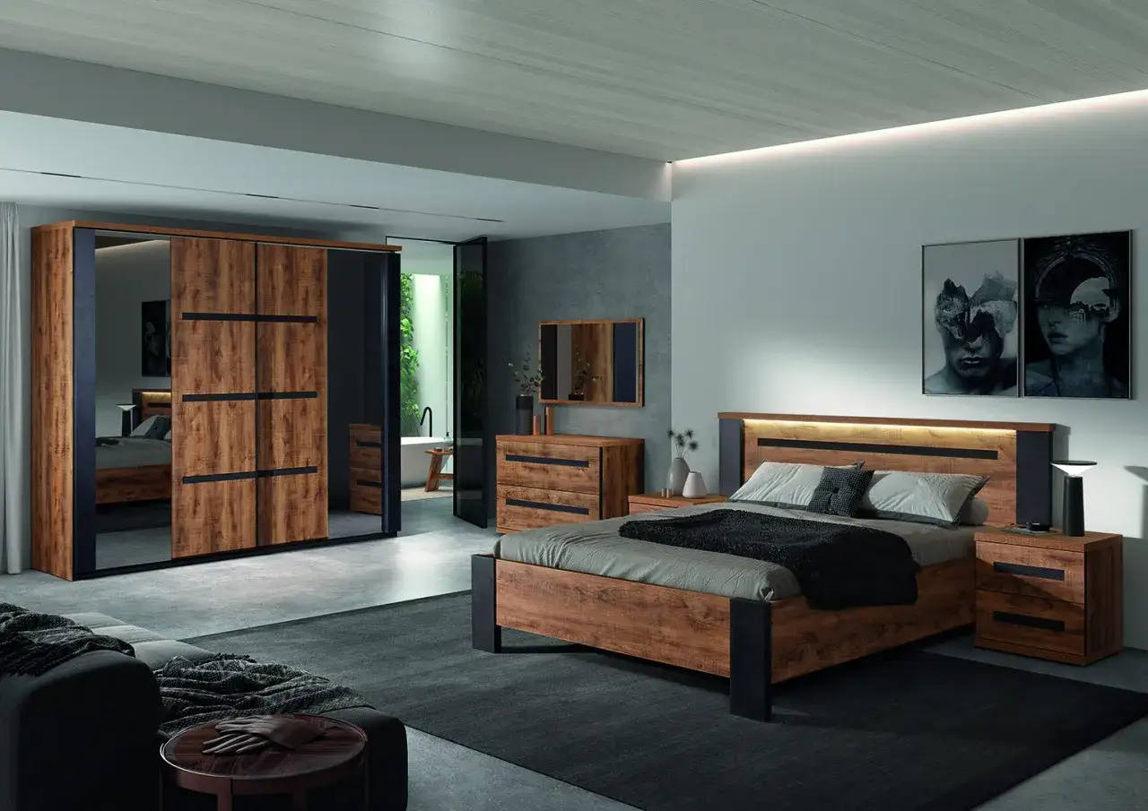 Chambre moderne avec une belle id&eacute;e noir et bois. Lit, armoire et commode en bois chaleureux contrastent avec les murs sombres et les accents noirs.