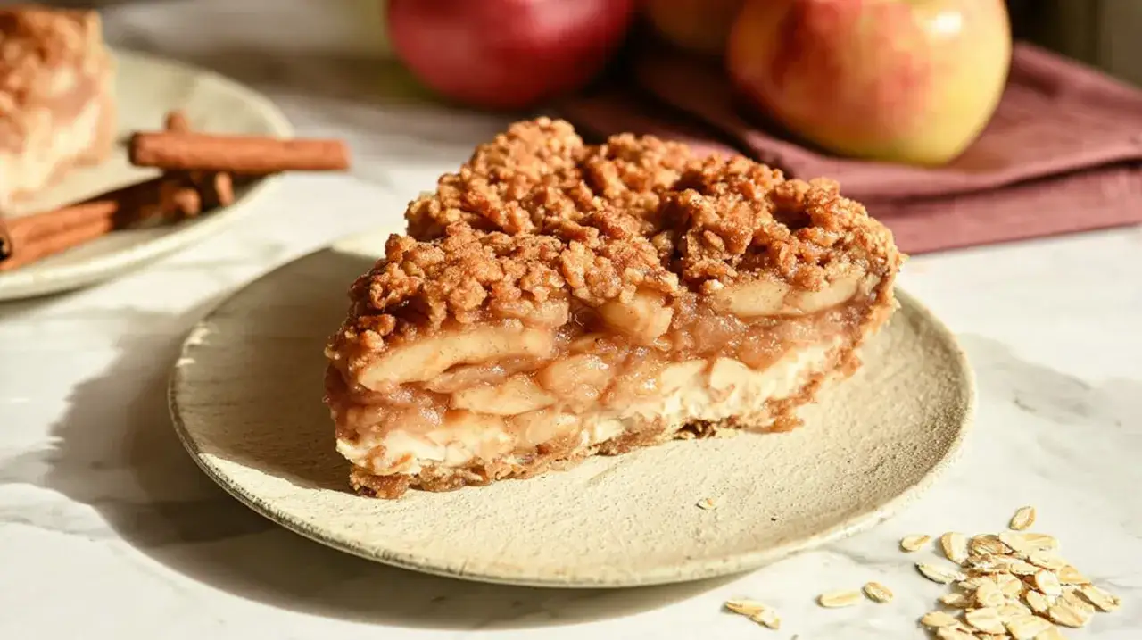 Pyszny kawałek domowej szarlotki z kruszonką. Zastanawiasz się, ile kcal ma szarlotka domowa? Ten deser wygląda na bogaty w jabłka i cynamon.