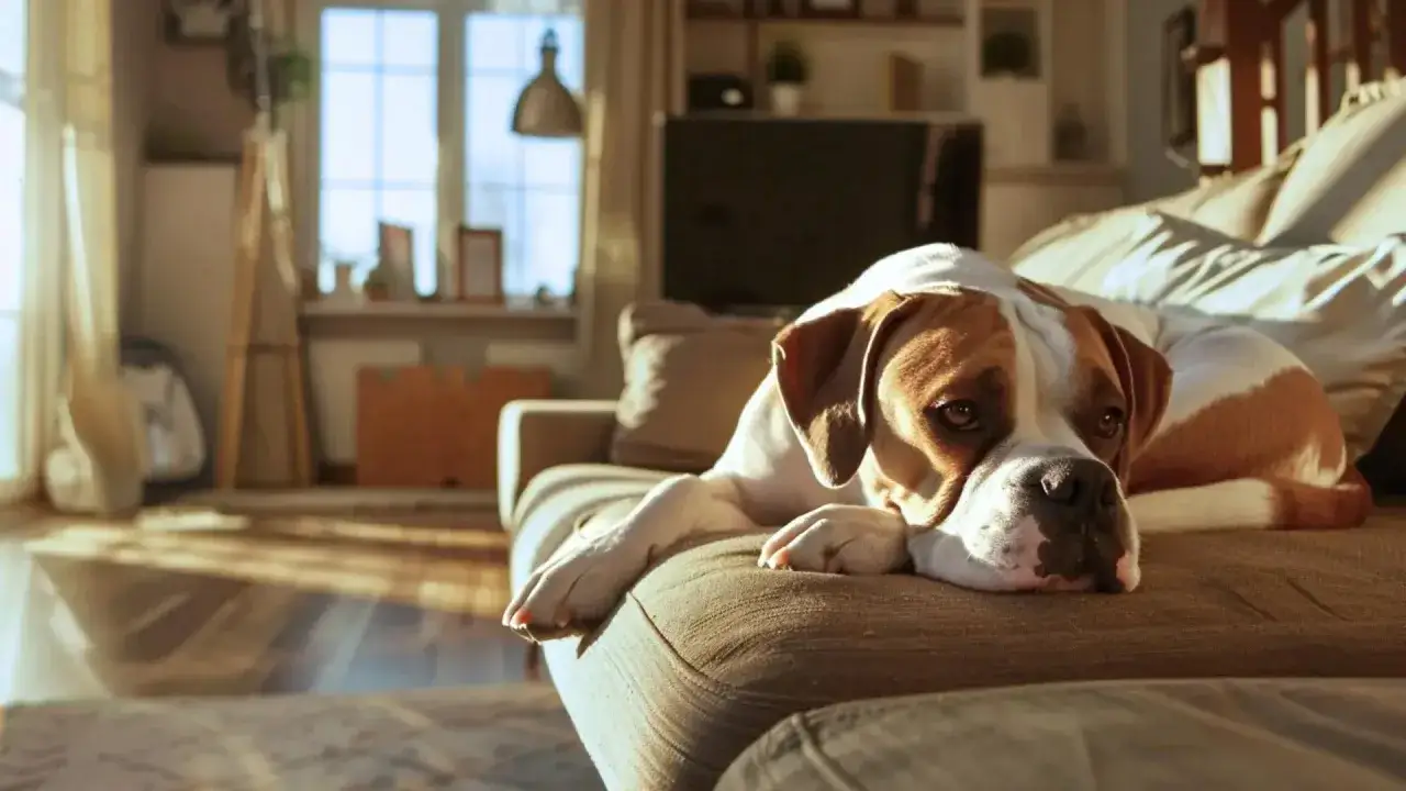Un chien se repose paisiblement sur un canapé, baigné de soleil. Il semble serein, prêt à **laisser son chien seul sans qu'il stress**.