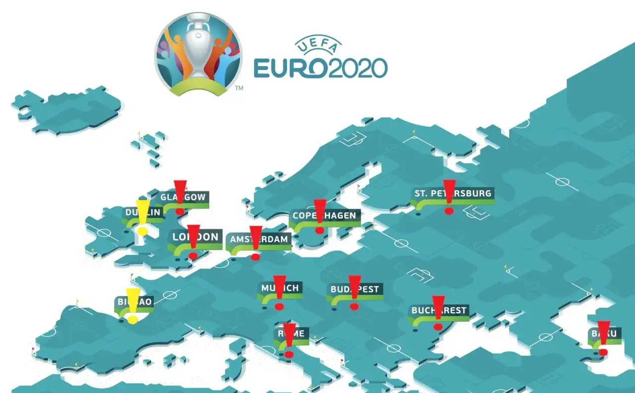 Mapa Europy z zaznaczonymi miastami, gdzie było Euro 2020: Londyn, Glasgow, Dublin, Amsterdam, Kopenhaga, Petersburg, Monachium, Budapeszt, Bukareszt, Baku, Bilbao i Rzym.