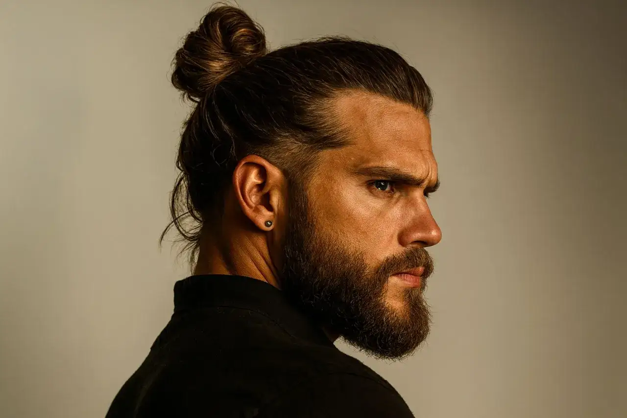 Un homme au regard intense arbore un man bun impeccable et une barbe soignée, le tout sur fond neutre.