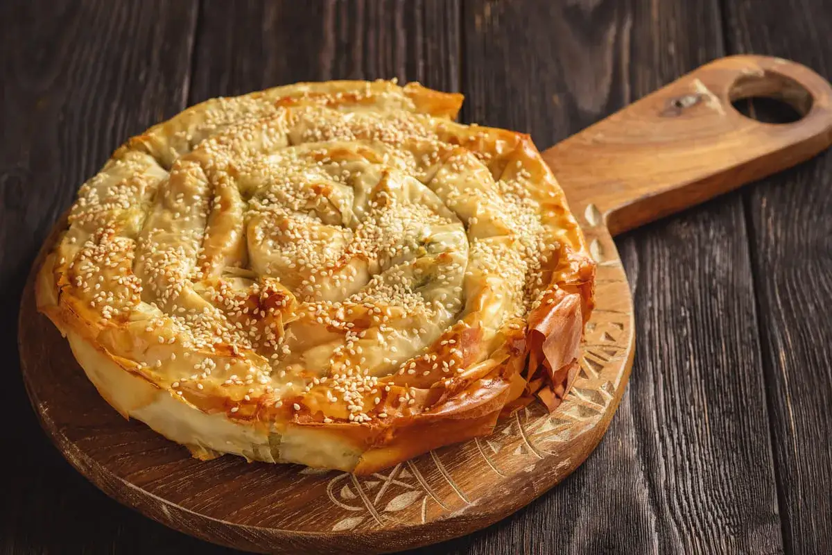 Burek al formaggio dorato, cosparso di semi di sesamo, su un tagliere di legno. Una deliziosa ricetta burek formaggio pronta da gustare.