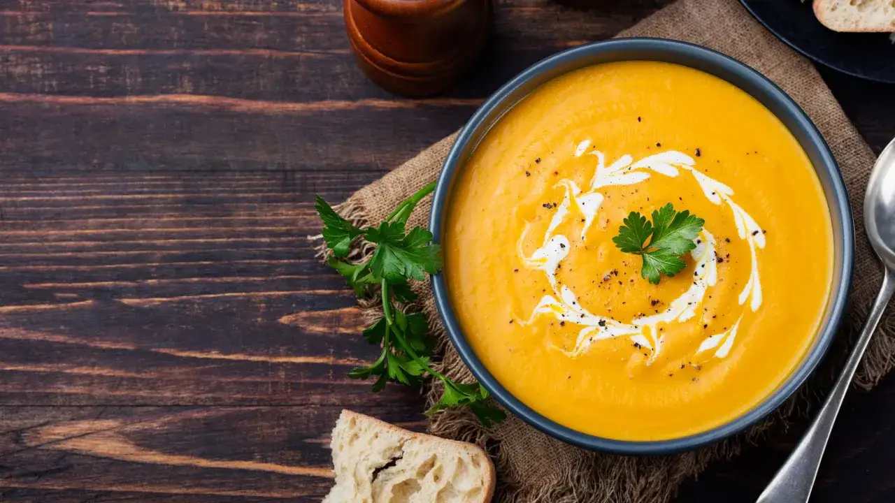 Zuppa arancione cremosa, decorata con panna da cucina e prezzemolo, su un tavolo di legno scuro.
