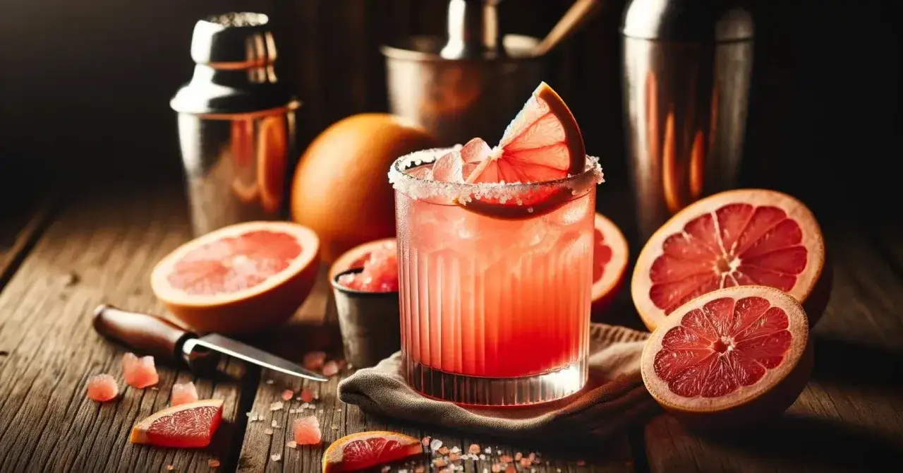 Paloma przepis: orzeźwiający drink z grejpfruta, lodem i solą na kieliszku, otoczony świeżymi owocami i akcesoriami barmańskimi.