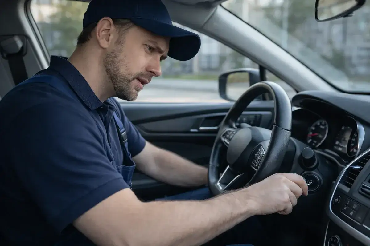 Zmartwiony mechanik próbuje uruchomić auto, zastanawiając się, dlaczego auto nie odpala.