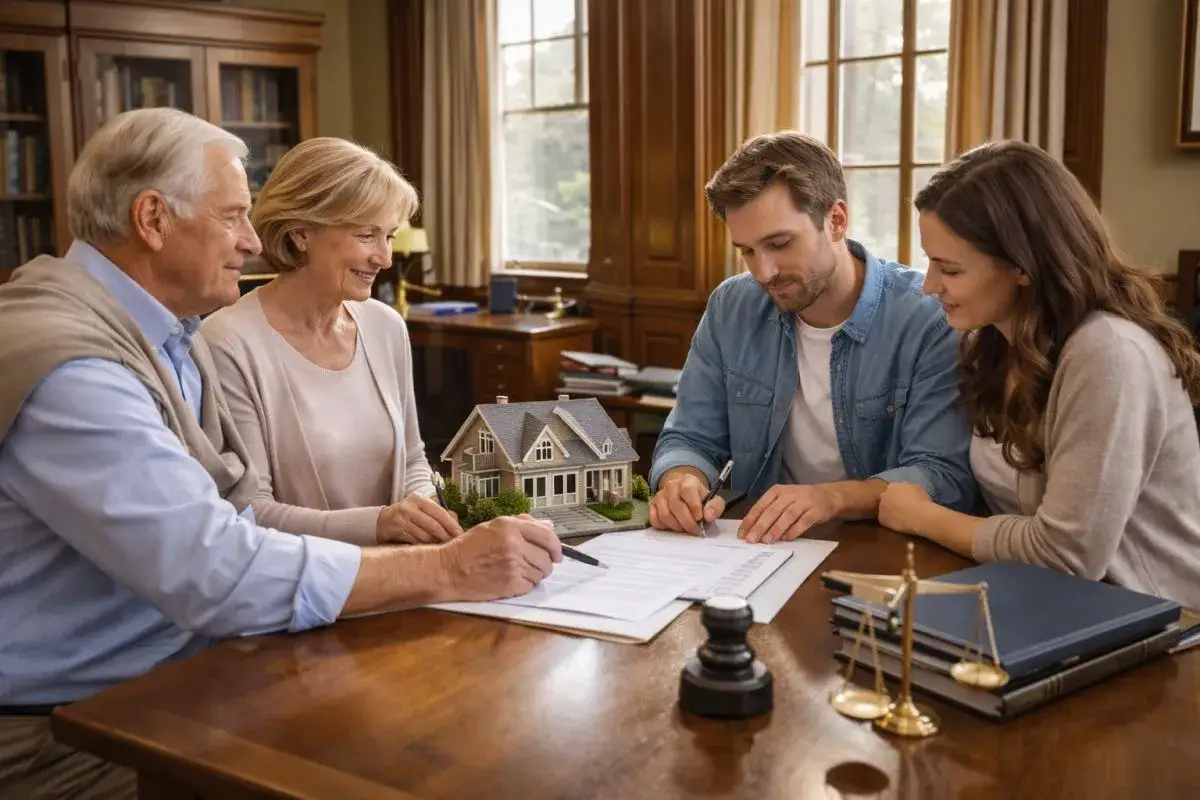 Famiglia discute i diritti dei figli sulla casa dei genitori, firmando documenti con un modello di casa.