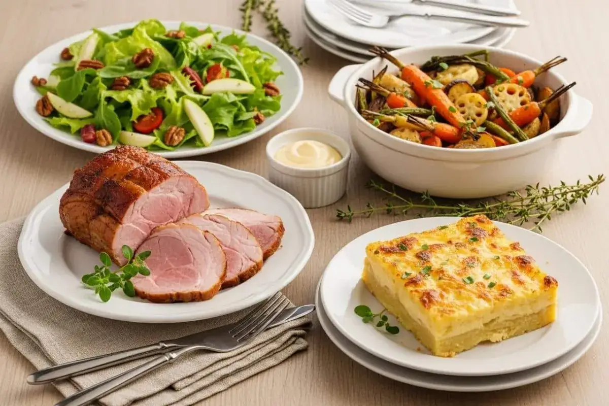 Un rôti de porc froid tranché, servi avec une salade verte croquante, des légumes rôtis et un gratin dauphinois. Parfait pour un repas d'été.