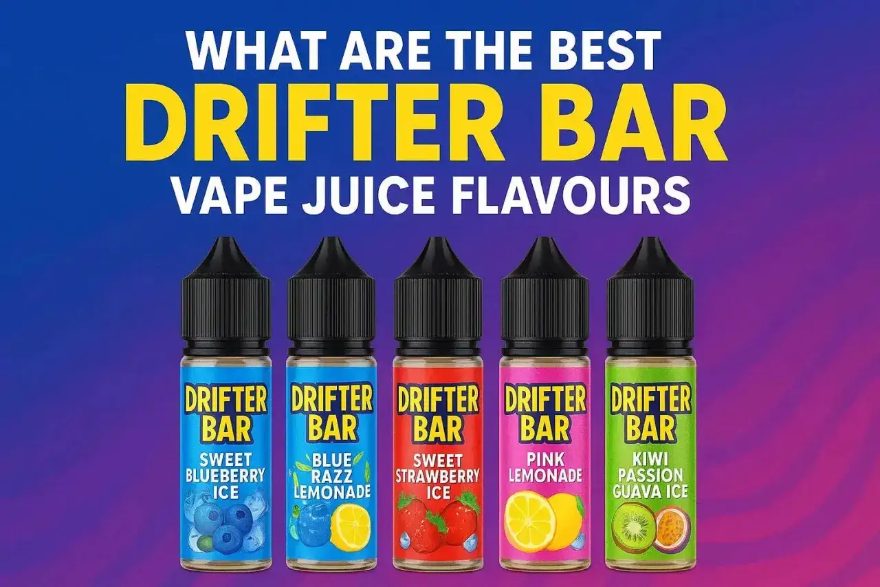 Cinco botellas de l&iacute;quidos para vapear Drifter Bar: ar&aacute;ndano, limonada azul, fresa, limonada rosa y kiwi-maracuy&aacute;. &iexcl;Explora los sabores Drifter!